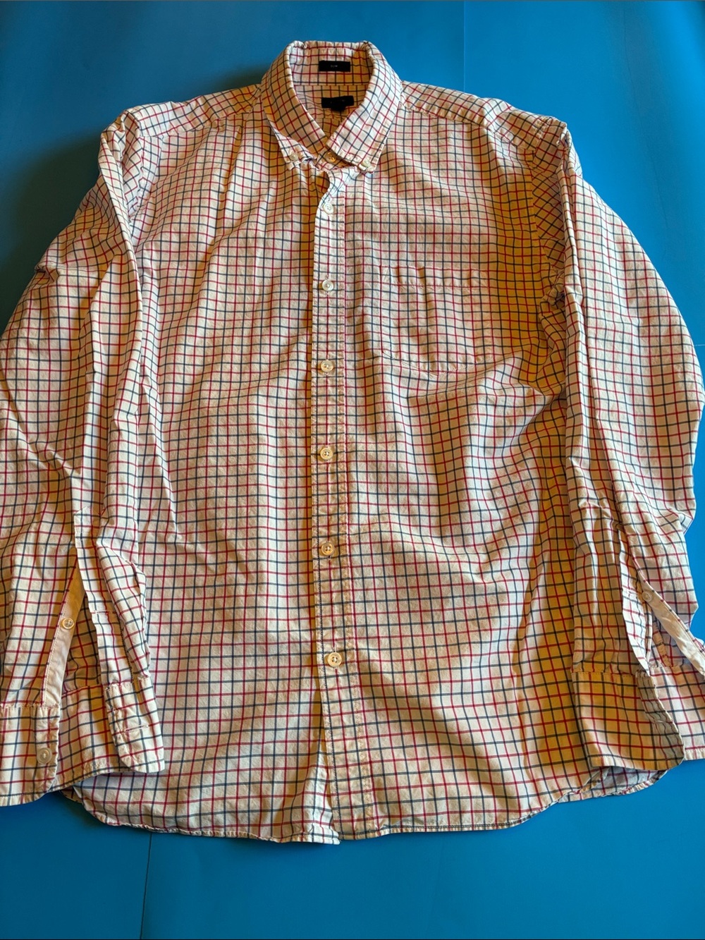 Jcrew Men's White Check Button-Down Shirt with Red and Blue Grid large slim fit